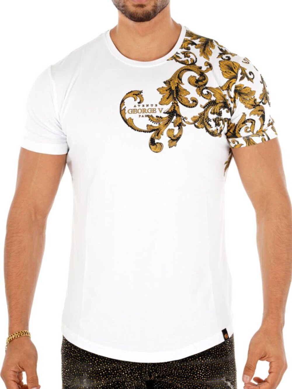 Avenue George V Paris Men's White T-Shirt Flower Rhinestone Short Sleeve Tee L